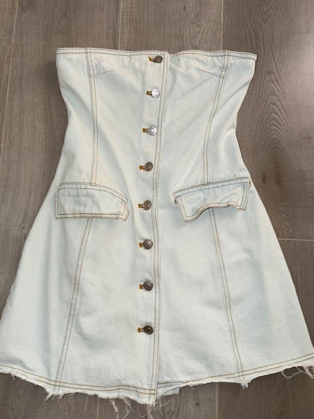 Lioness Strapless Light Wash Button-Front Denim Dress